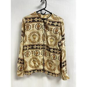 HARRIS WALLACE Baroque Button Front Blouse Long Sleeve Beige Gold Women's M